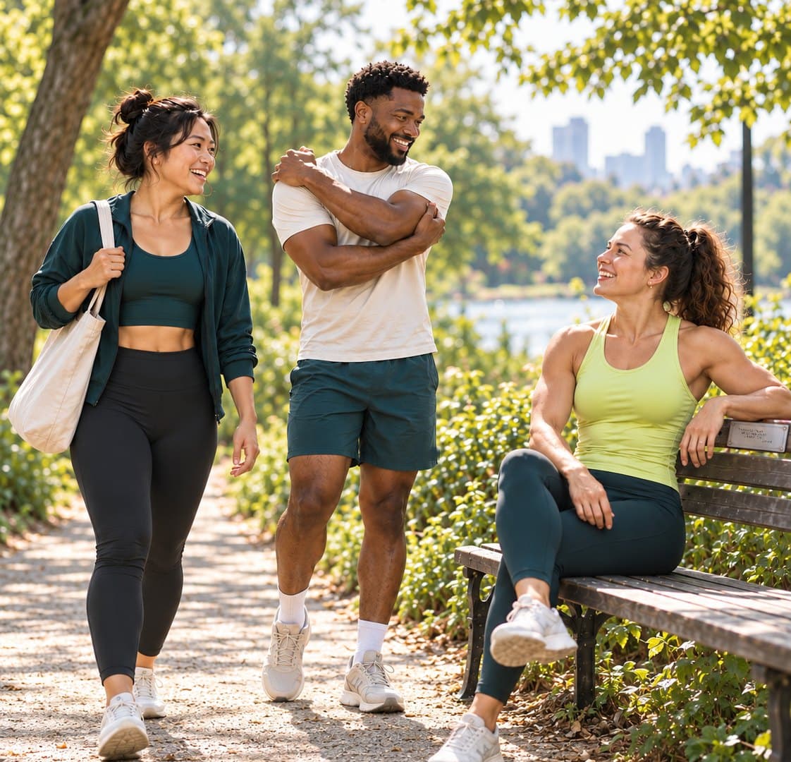 Three friends in workout clothes laughing together in a sunny park
